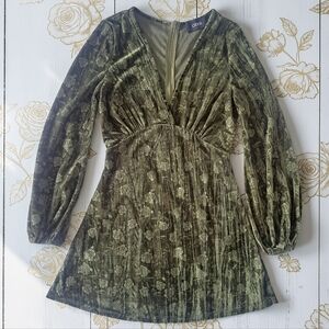 Cider Olive Velvet Floral Long-Sleeve V-Neck Mini Dress